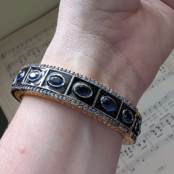 Gold-Tone Blue Sapphire Halo Bangle Bracelet - Picture 8 of 12